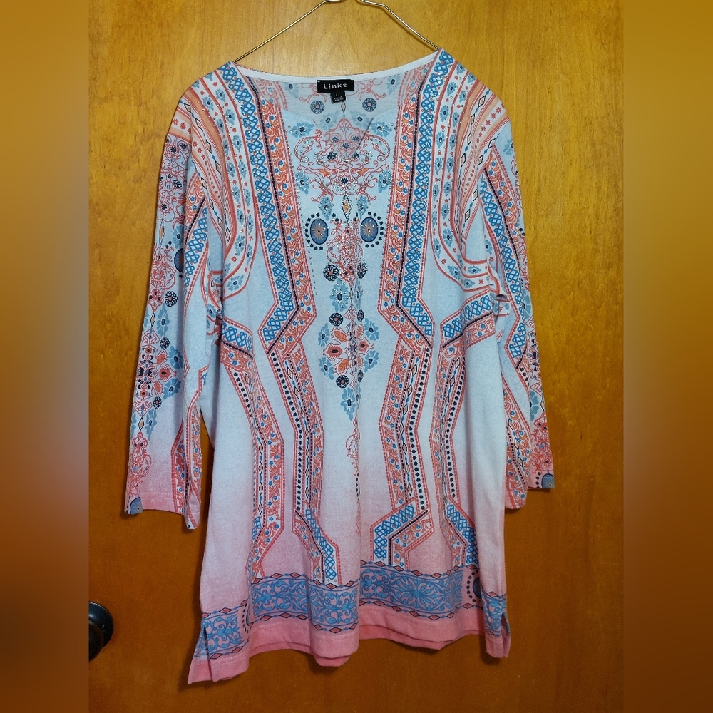 Women's Links Colorful Boho Geometric Ornate Long Sleeve Tunic Top Size L